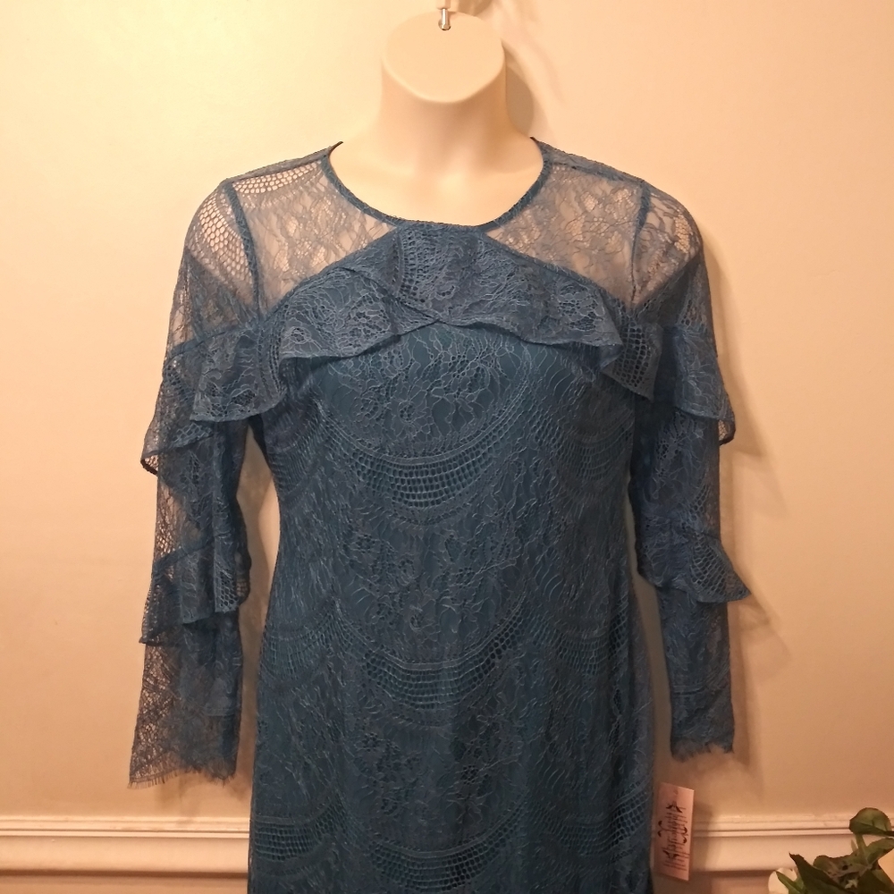Nanette Lepore Dragonfly Teal "Poetic Love" Special Occasion Lace Dress - Picture 4 of 9